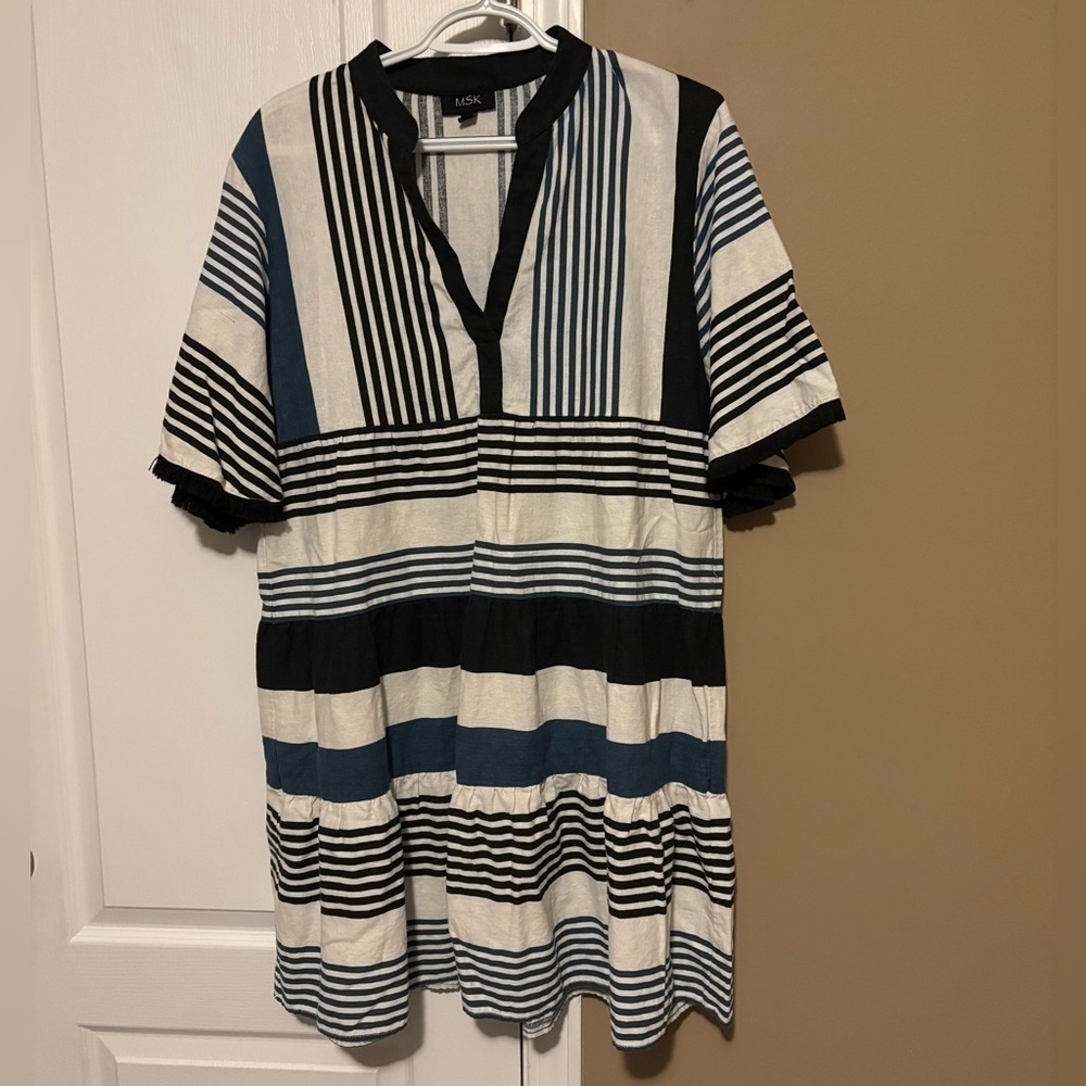 MSK Womenâs Striped Dress Tunic Flared Lined Rayon blend bell Fringe Sleeve Sz M